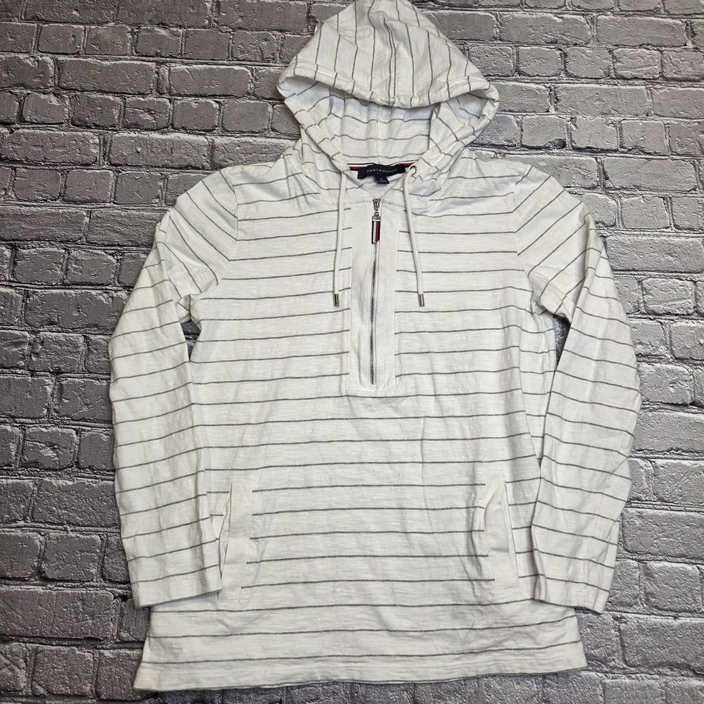 TOMMY HILFIGER Nautical 1/2‑Zip Hoodie White/Gray Stripes Size Medium